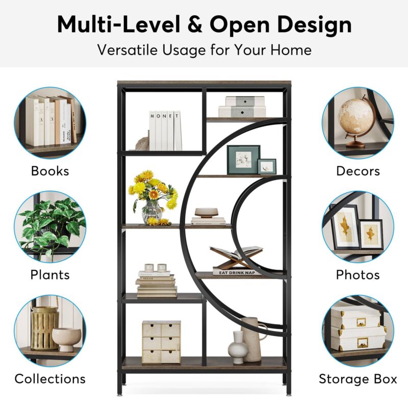 Bookshelf, 71" Geometric Bookcase, Industrial 8-Tiers Etagere Shelving Unit - Image 7