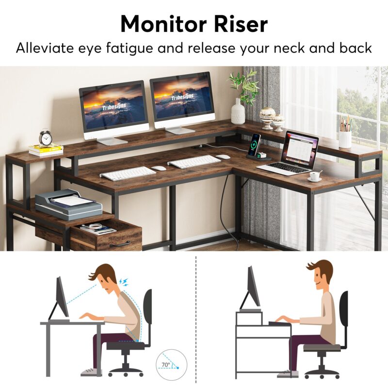 L-Shaped Desk, Corner Desk with Power Outlets, Monitor Stand & Drawer - Image 5