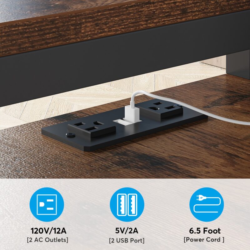 L-Shaped Desk, Corner Desk with Power Outlets, Monitor Stand & Drawer - Image 6