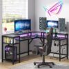 Gaming Desk, L-Shaped Computer Desk with Power Outlets & LED Strips