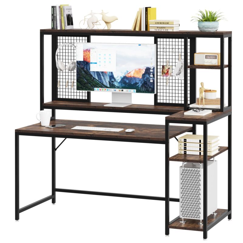 Computer Desk, 59" Gaming Desk with Monitor Stand & Storage Shelves