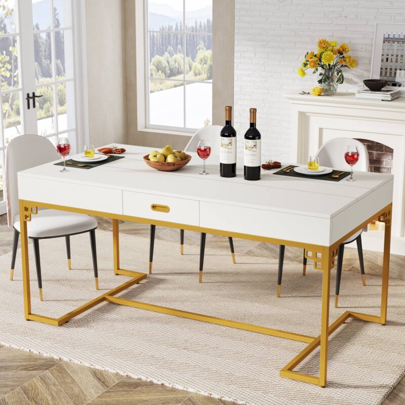Dining Table, 63" Breakfast Dinner Table with 2 Drawers for 4 to 6
