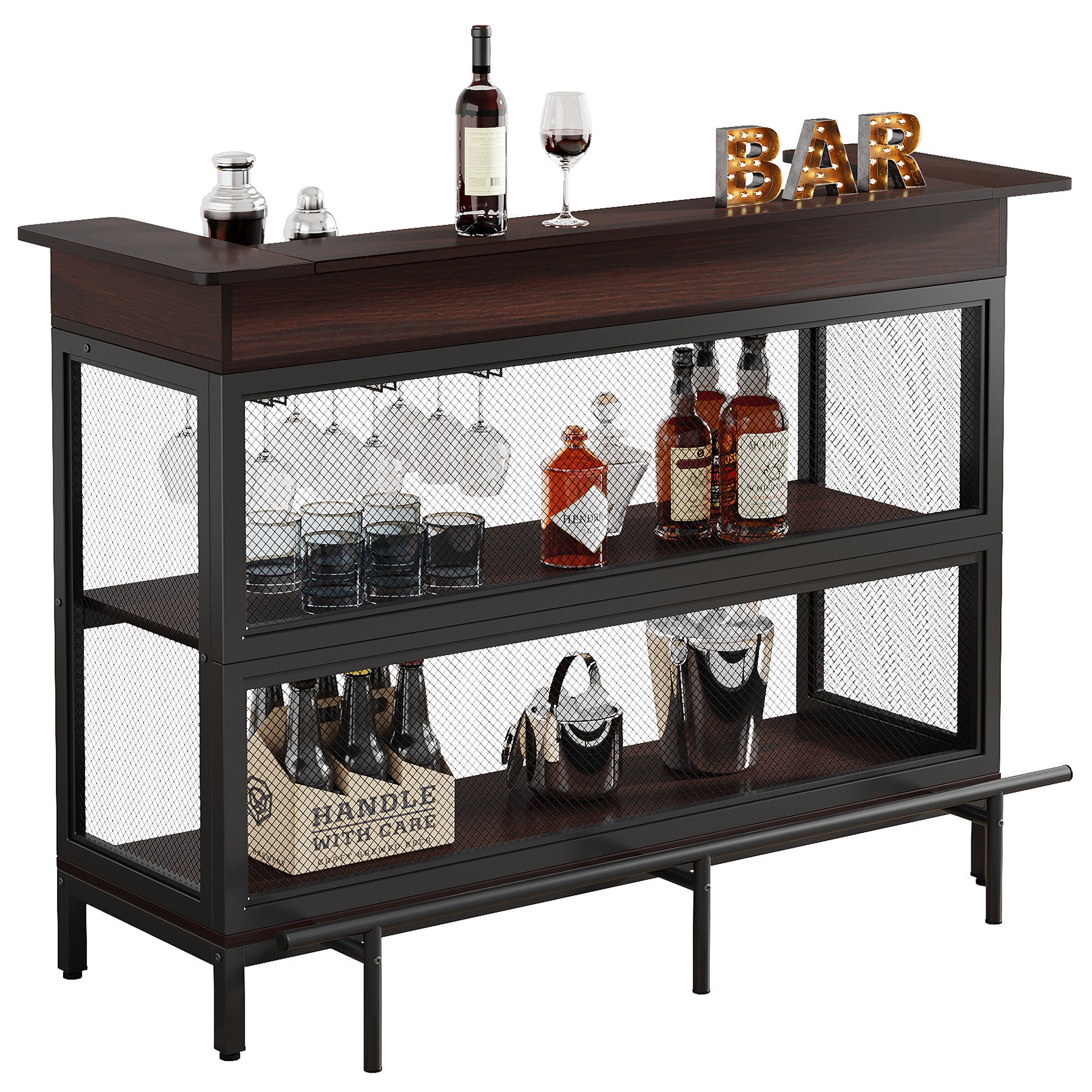 Home Bar Unit, Industrial 3 Tier Liquor Bar Table with Stemware Rack ...