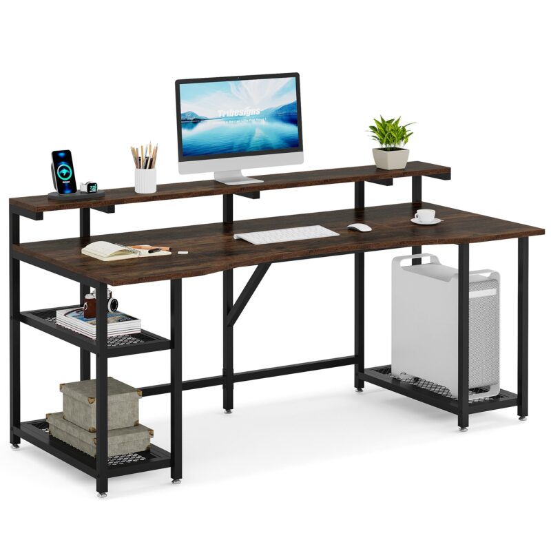 Computer Desk, 63" Writing Desk with Monitor Stand & Storage Shelves