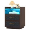Nightstand, 2 Drawers Beside Table with LED Lights and Shelves