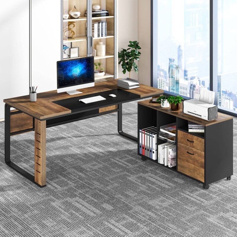 L-Shaped Desk, 59" Executive Office Desk with Lateral File Cabinet