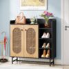 Shoe Cabinet, Rattan Shoe Storage Organizer with Doors & Open Shelves