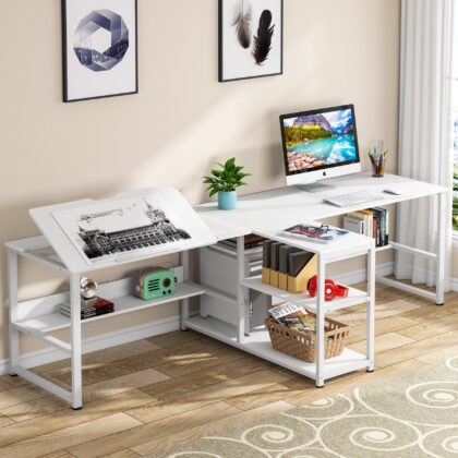 Two Person Desk, 94.5"Computer Desk with Shelves and Tiltable Tabletop