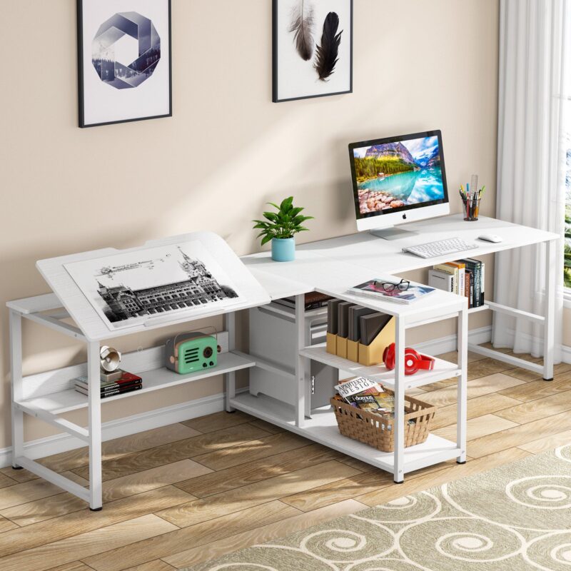 Two Person Desk, 94.5"Computer Desk with Shelves and Tiltable Tabletop
