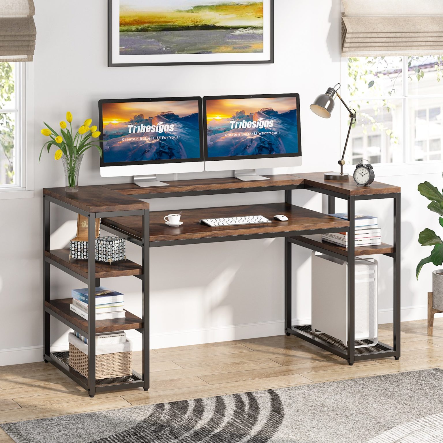 Computer Desk, 160 CM Study Table with Monitor Stand & Shelves ...