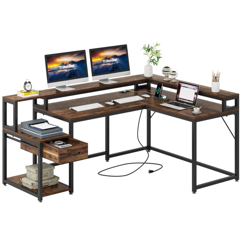 L-Shaped Desk, Corner Desk with Power Outlets, Monitor Stand & Drawer