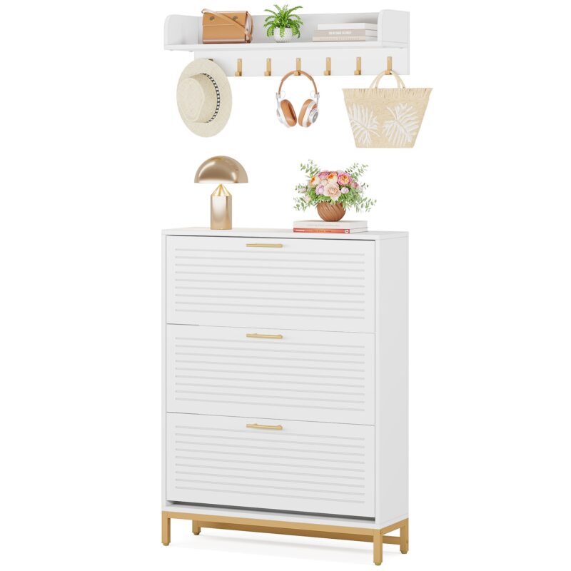 Shoe Cabinet, Flip Drawer Shoe Organizer and Coat Rack Set