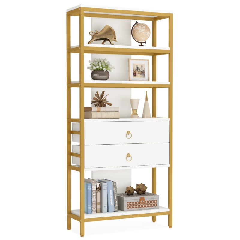 Bookshelf, 5-Tier Bookcase with 2 Drawers & LED Light