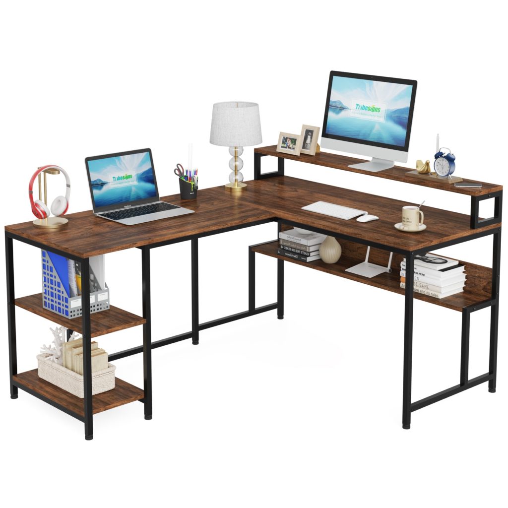 LShaped Desk, Reversible Corner Desk with Shelves & Monitor Stand
