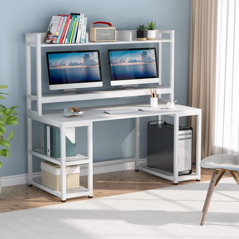 Computer Desk, 55" Hutch Desk Writing Table with Monitor Stand - Image 2