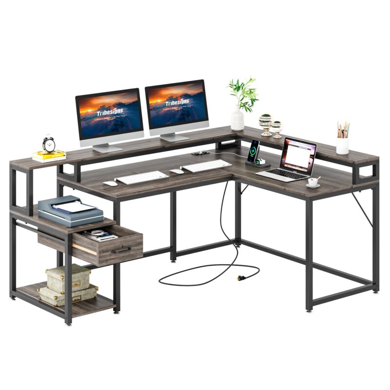 L-Shaped Desk, Corner Desk with Power Outlets, Monitor Stand & Drawer - Image 7