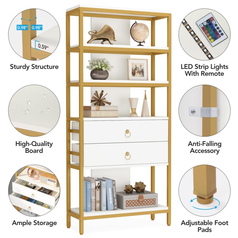 Bookshelf, 5-Tier Bookcase with 2 Drawers & LED Light - Image 6