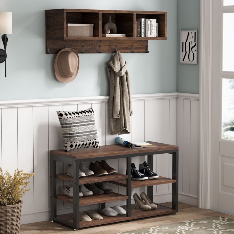 Coat Rack Shoe Bench Set, Hall Tree with Wall Mounted Shelf - Image 2