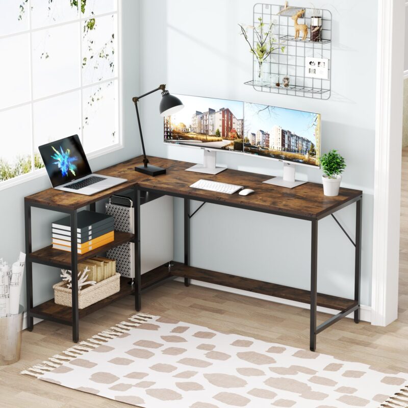 L-Shaped Desk, Reversible Corner Computer Desk with Storage Shelves - Image 3
