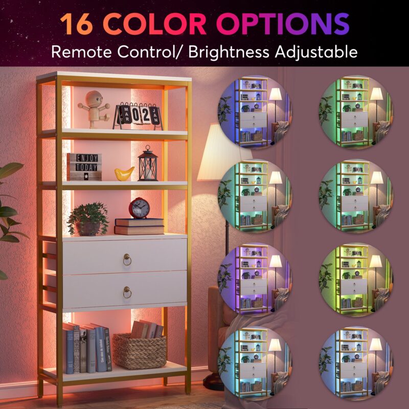 Bookshelf, 5-Tier Bookcase with 2 Drawers & LED Light - Image 5