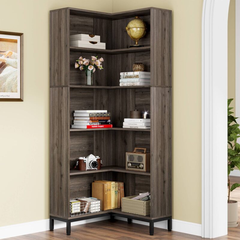 Corner Bookcase, 71 inch 6-Tier L-Shaped Etagere Bookshelf