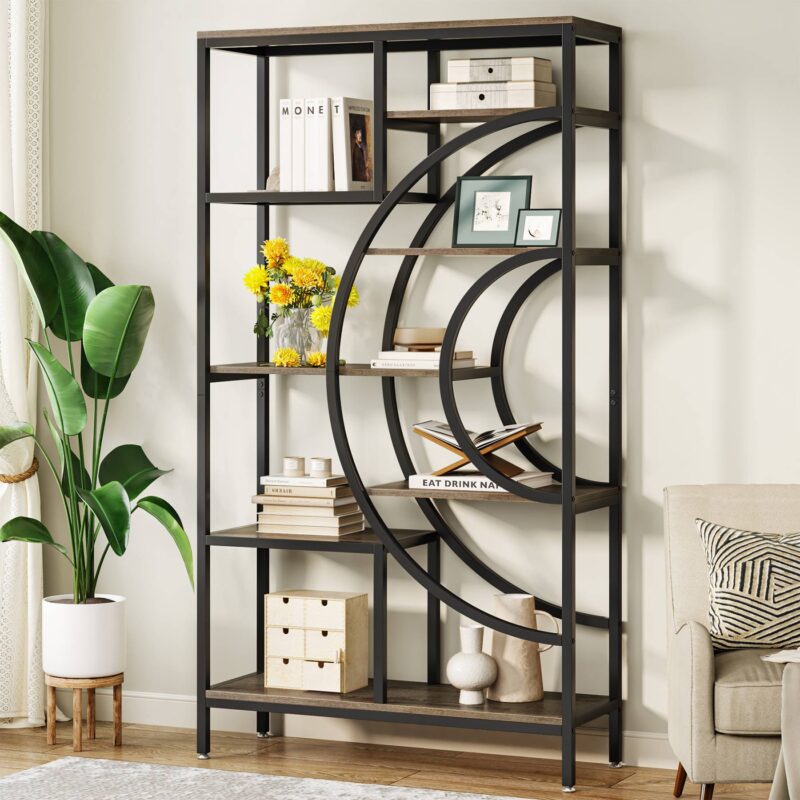 Bookshelf, 71" Geometric Bookcase, Industrial 8-Tiers Etagere Shelving Unit