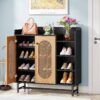 Shoe Cabinet, Rattan Shoe Storage Organizer with Doors & Open Shelves - Image 3
