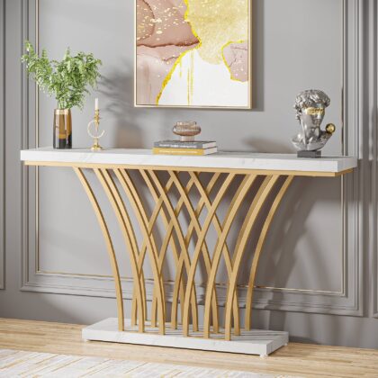 Console Table, 59 " Faux Marble Entryway Table with Geometric Metal Base