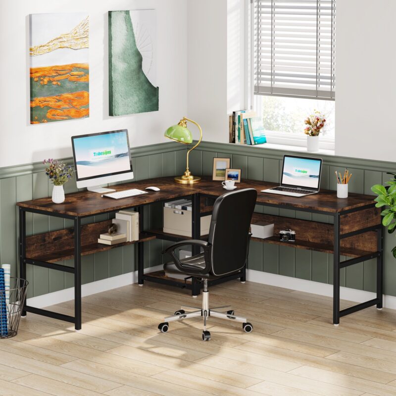Lift Top L-Shaped Desk, Corner Computer Desk with Storage Shelves - Image 2