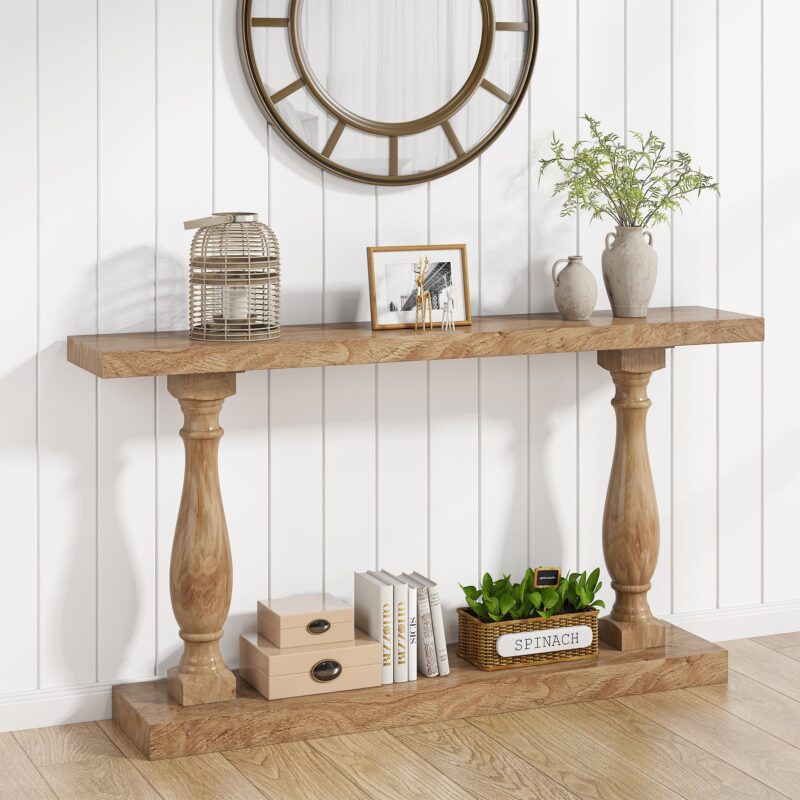 Console Table, 63" Solid Wood Entryway Table with Floor Shelf - Image 3