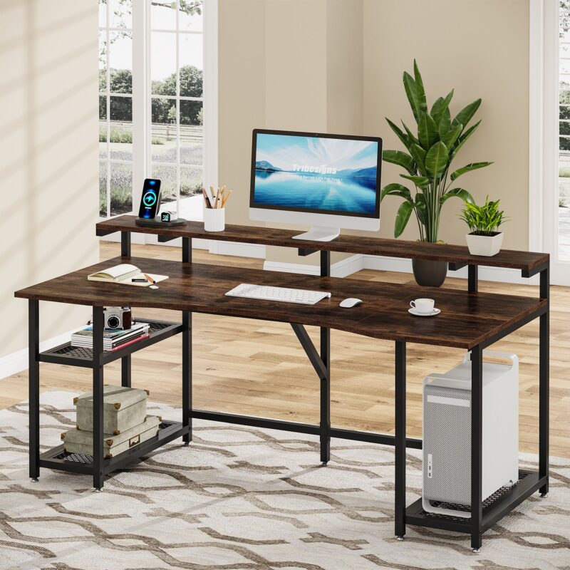 Computer Desk, 63" Writing Desk with Monitor Stand & Storage Shelves - Image 2