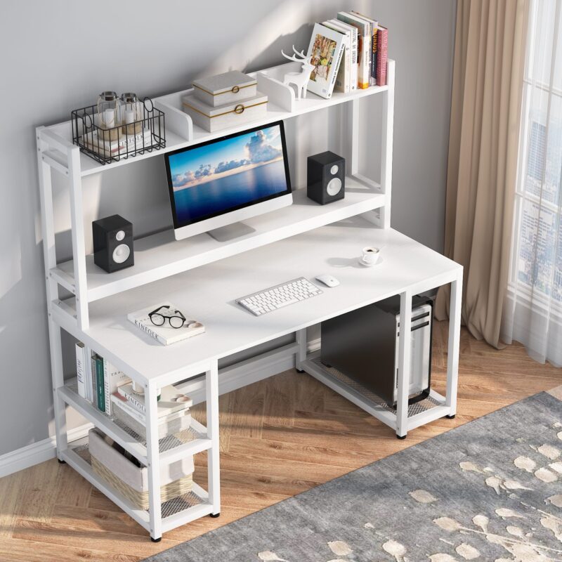 Computer Desk, 55" Hutch Desk Writing Table with Monitor Stand - Image 4