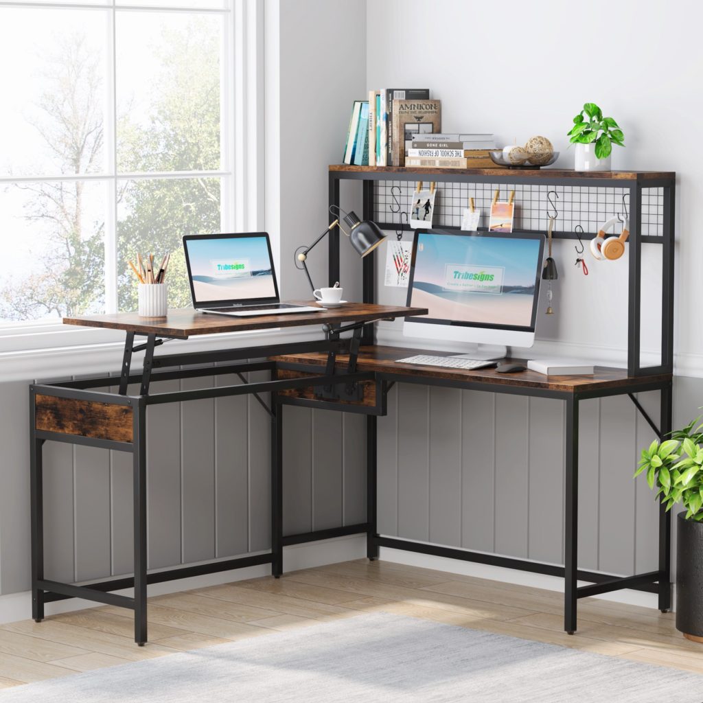 Lift Top LShaped Desk, Corner Height Adjustable Desk with Hutch
