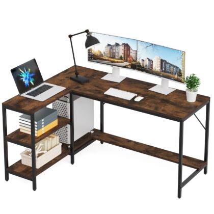 L-Shaped Desk, Reversible Corner Computer Desk with Storage Shelves