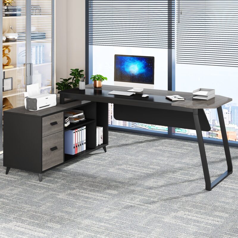 L-Shaped Desk, 70.8 Inch Executive Desk with 47.2 Inch File Cabinet - Image 4