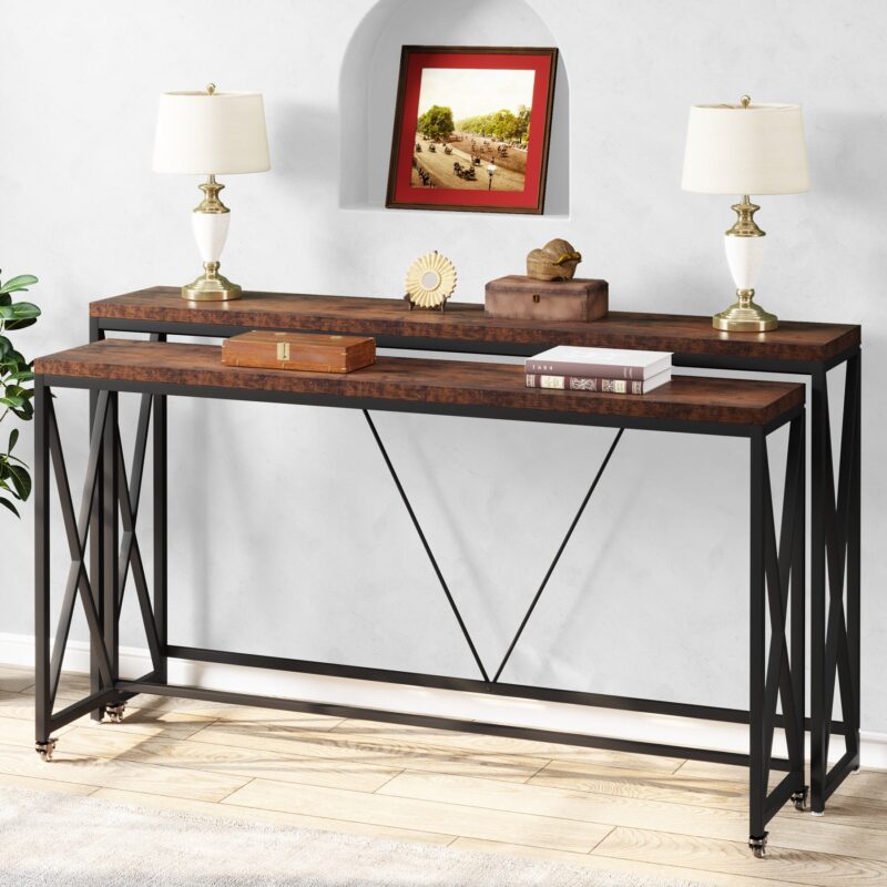 Console Table Set of 2, Narrow Long Sofa Table with Wheels - Image 2