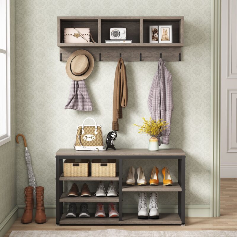 Coat Rack Shoe Bench Set, Hall Tree with Wall Mounted Shelf - Image 11