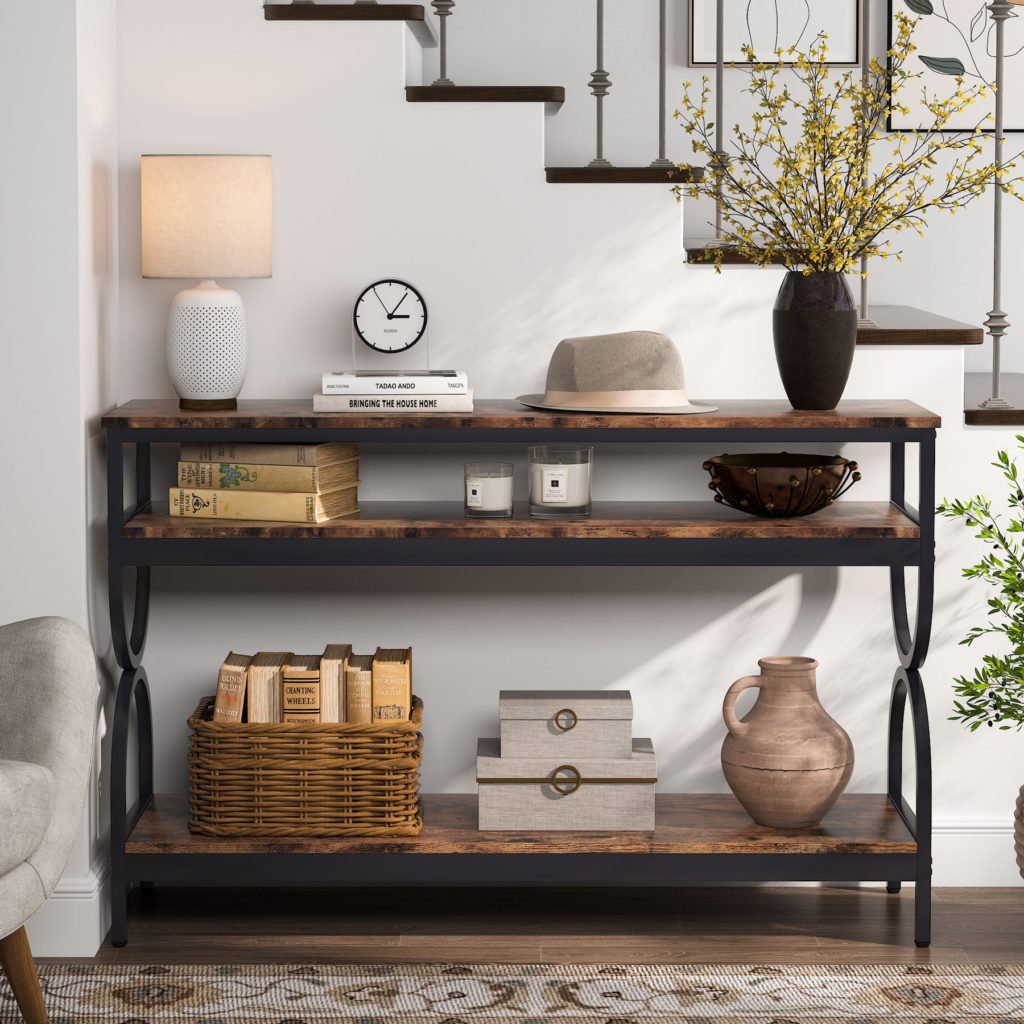 Console Table, 140 CM Sofa Table with 3-Tier Storage Shelves ...