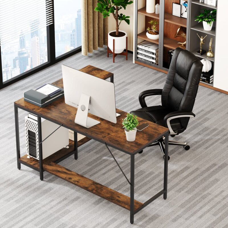 L-Shaped Desk, Reversible Corner Computer Desk with Storage Shelves - Image 5