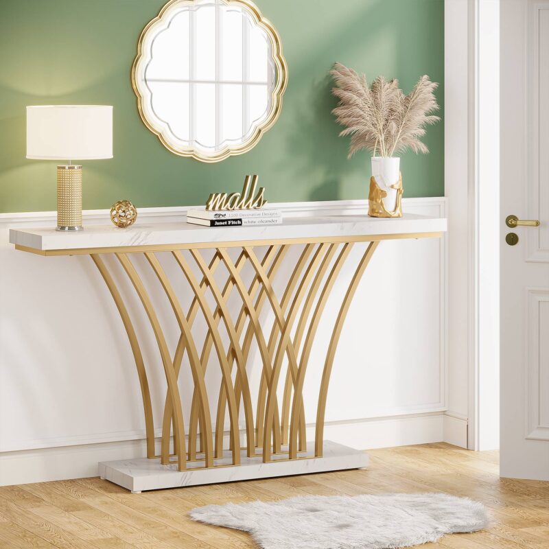 Console Table, 59 " Faux Marble Entryway Table with Geometric Metal Base - Image 3