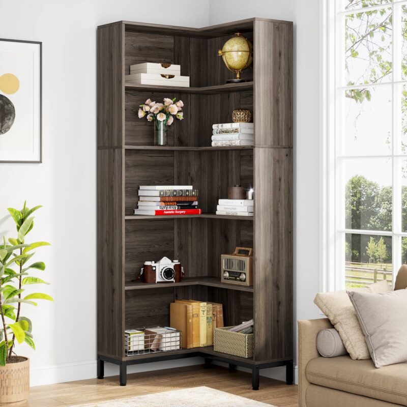 Corner Bookcase, 71 inch 6-Tier L-Shaped Etagere Bookshelf - Image 3
