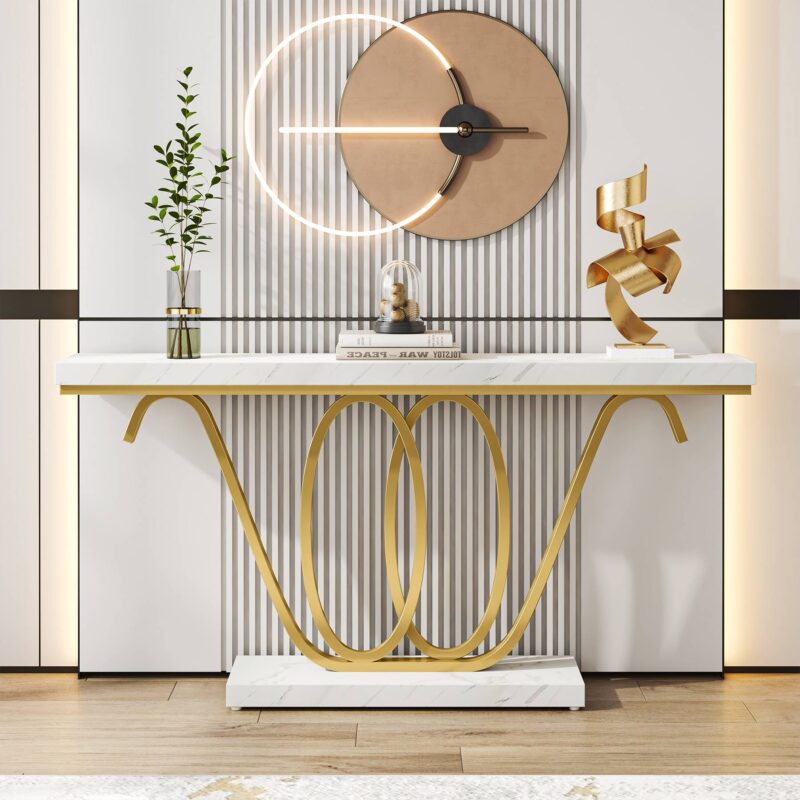 Console Table, 55 Inch Entryway Table Faux Marble Sofa Table - Image 3