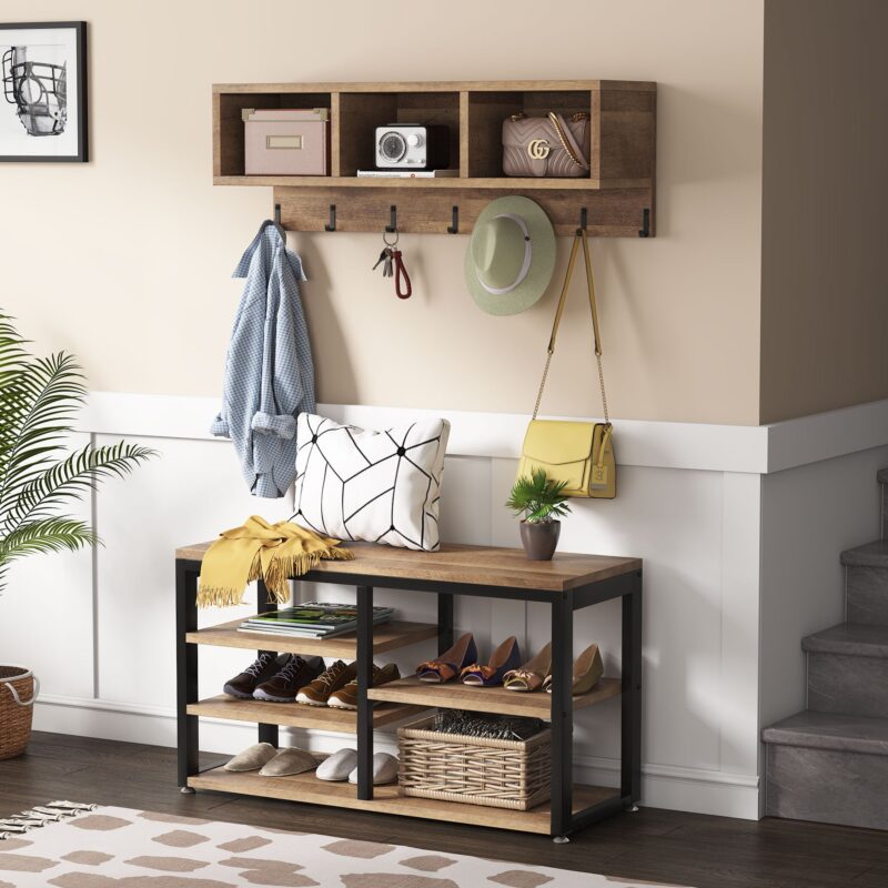 Coat Rack Shoe Bench Set, Hall Tree with Wall Mounted Shelf - Image 9