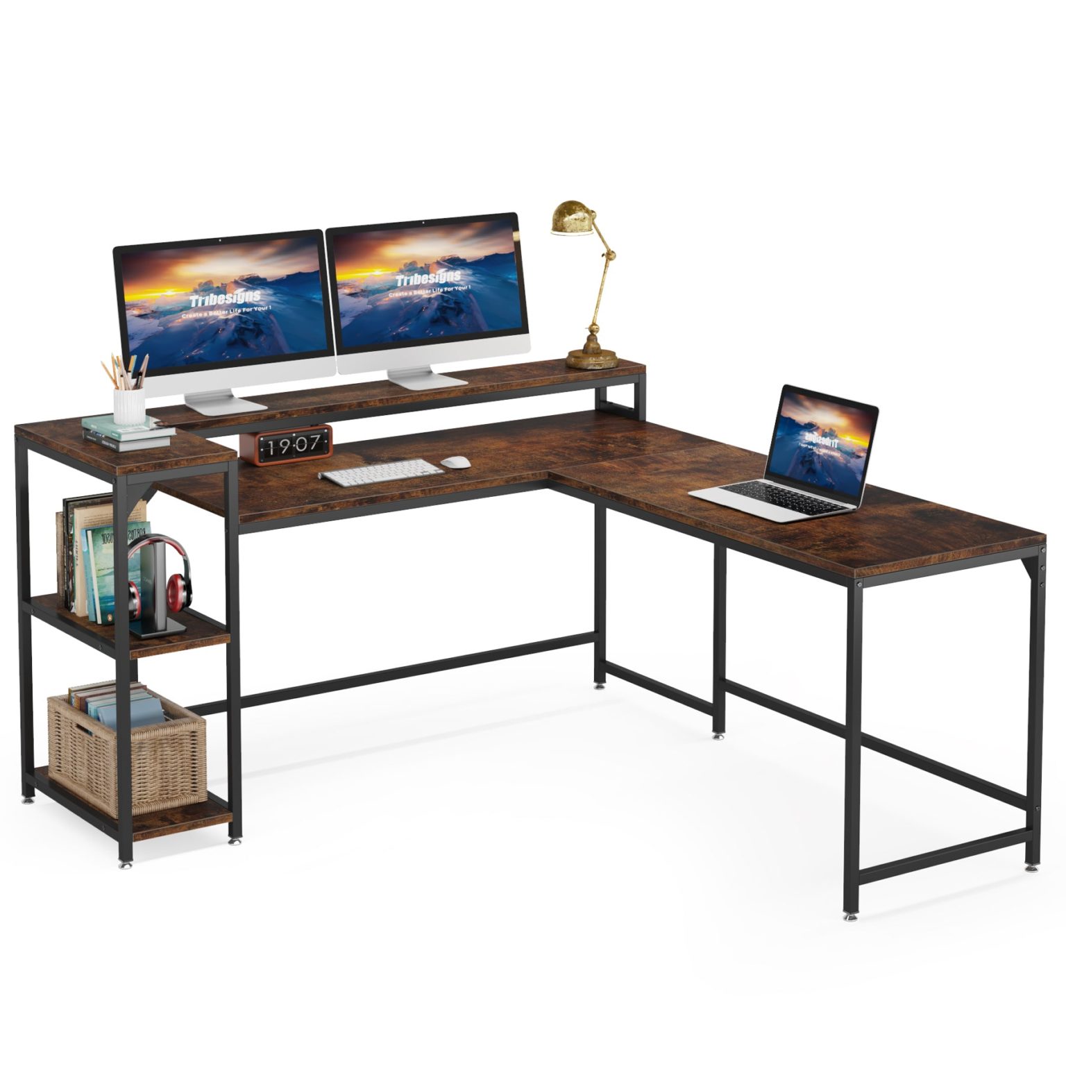 LShaped Desk, Corner Computer Desk with Monitor Stand & Shelves
