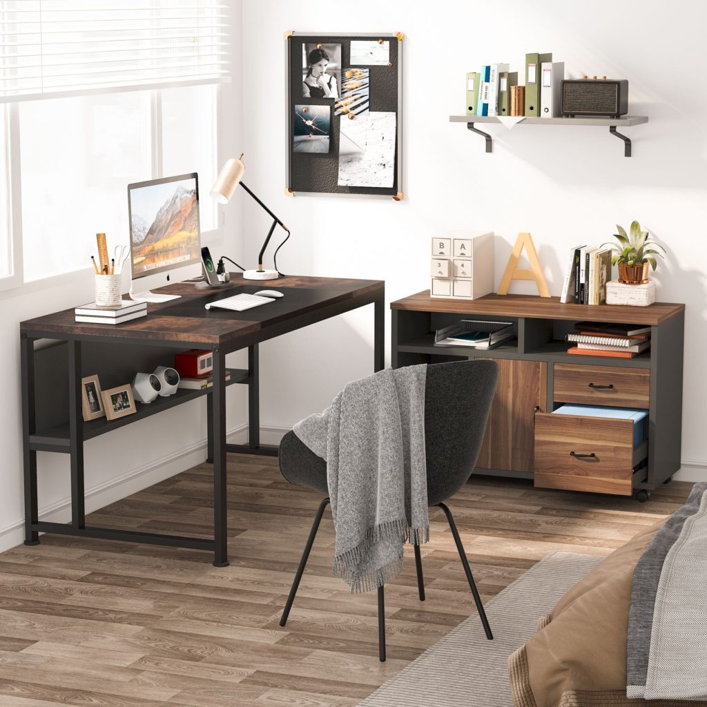L-Shaped Desk, 140 CM Executive Computer Desk with File Cabinet & Power ...