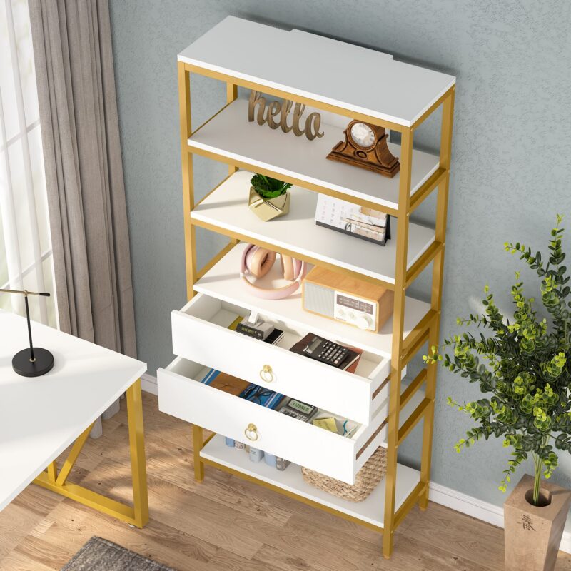 Bookshelf, 5-Tier Bookcase with 2 Drawers & LED Light - Image 4
