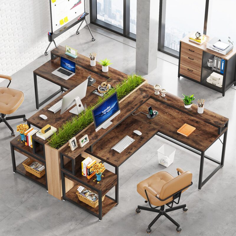 L-Shaped Desk, Corner Desk with Power Outlets, Monitor Stand & Drawer - Image 3