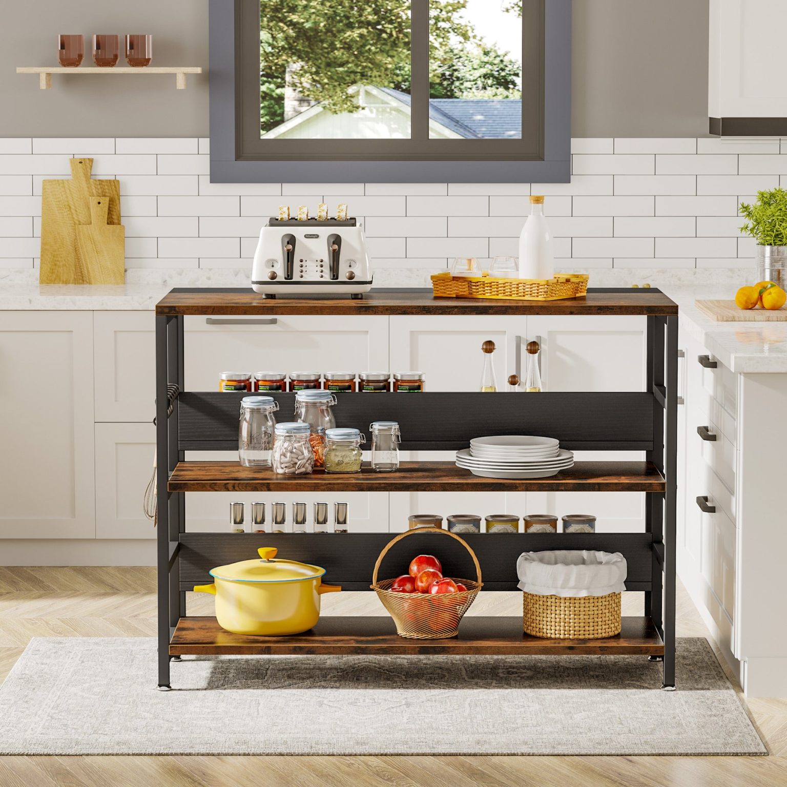 Kitchen Island, Industrial Baker’s Rack Table with 5 Storage Shelves