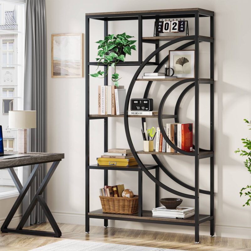 Bookshelf, 71" Geometric Bookcase, Industrial 8-Tiers Etagere Shelving Unit - Image 3