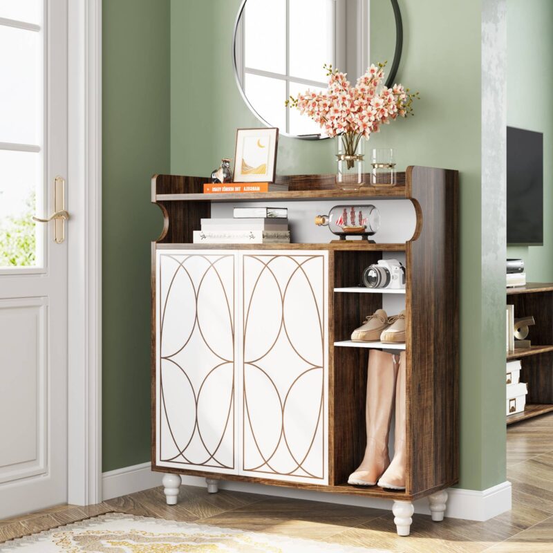 Shoe Cabinet, Shoe Organizer with Doors & Adjustable Shelves